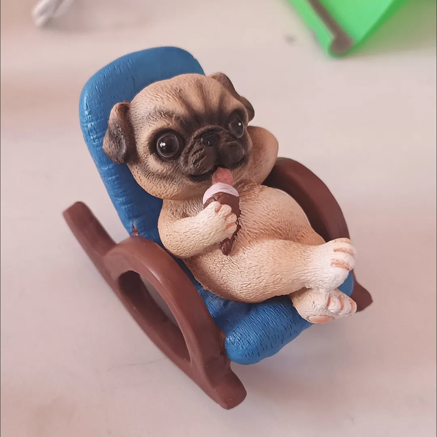 Lazy Pug Figurine: On Rocking Chair with Ice Cream – Desk Decor Gift for Pug Lovers