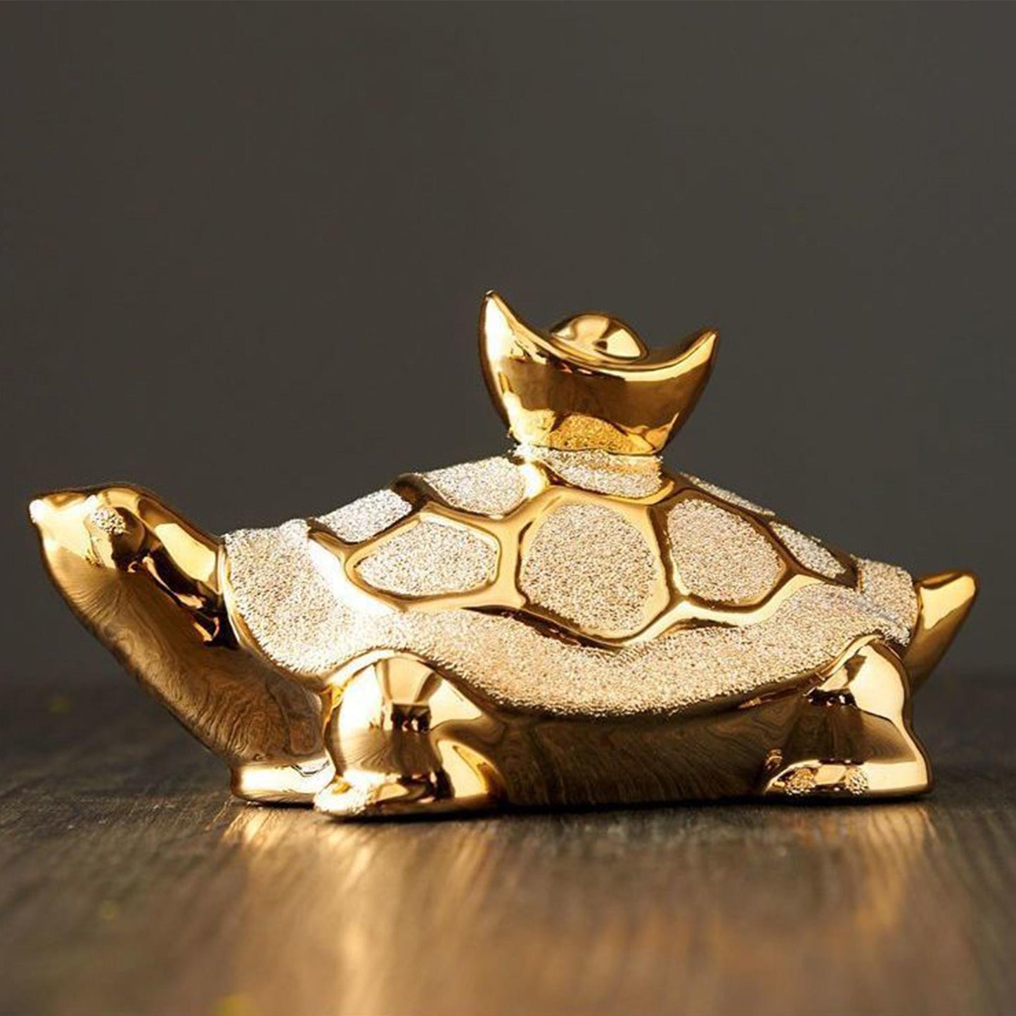 Gold Ceramic Turtle Figurine Feng Shui Wealth & Longevity Statue with Ingot/Coin, Unique Home Decor Accent, Gift for Turtle Lovers