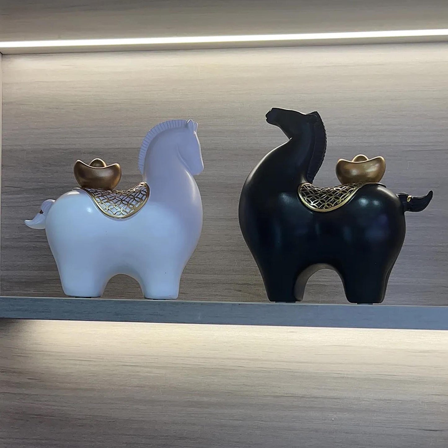 Unique Modern Horse Figurine with Gold Ingot Accent Minimalist Home Decor Sculpture |Prosperity & Good Luck Decor