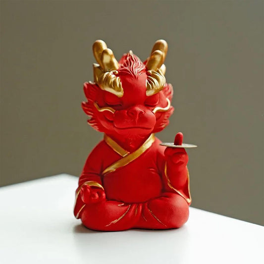 Cute Zen Dragon Figurine Chinese Zodiac Dragon Statue with Lucky Coin, Spiritual Meditation Dragon Sculpture for Home Decor, Desk Ornament,