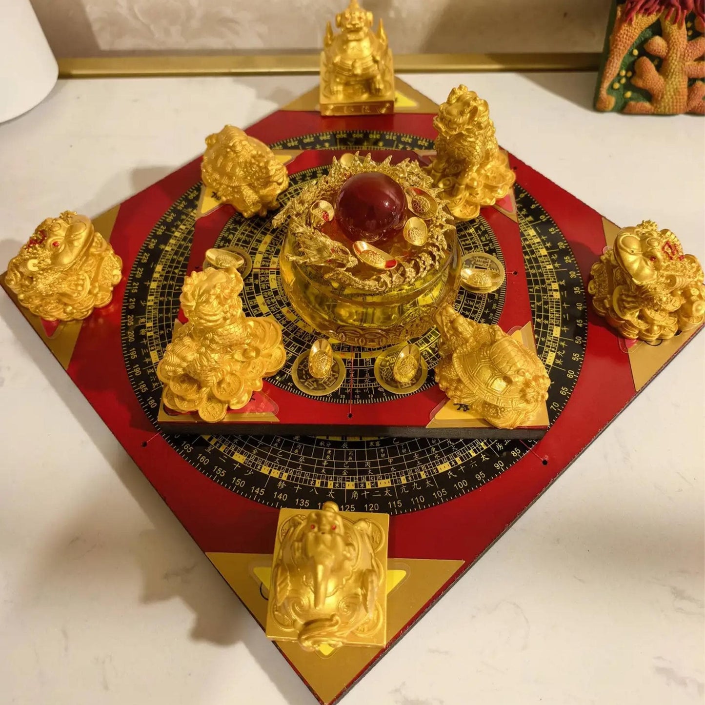 Traditional Chinese Feng Shui Wealth Luck Figurine Set on Compass Base | Home Protection & Good Fortune Decor for Office/Living Room