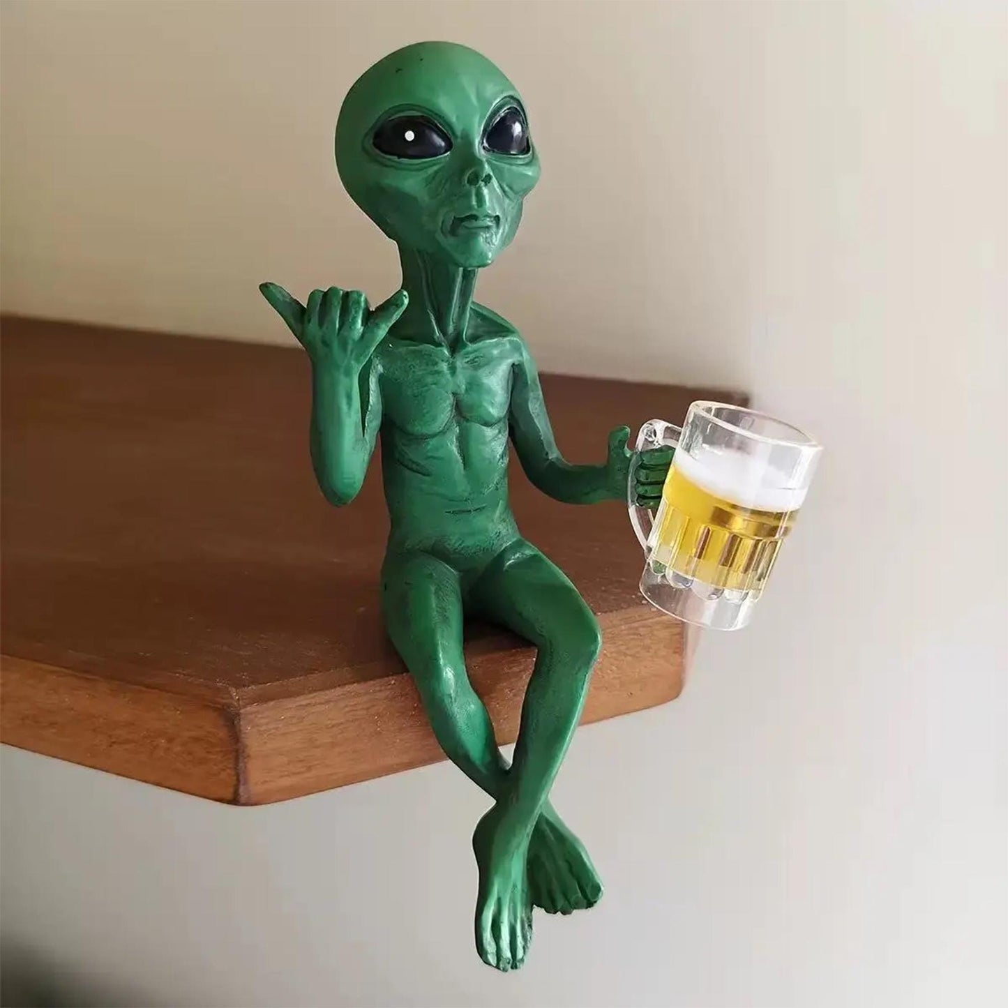 Funny Green Alien Figurine Holding Beer Mug - Quirky Decor