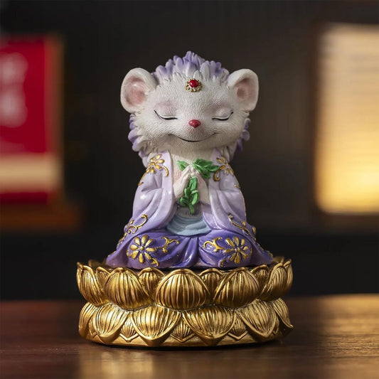 Whimsical Meditating Hedgehog Statue with Golden Lotus Base, Zen Spiritual Figurine, Purple Oriental Decor, Handcrafted  Art for Home