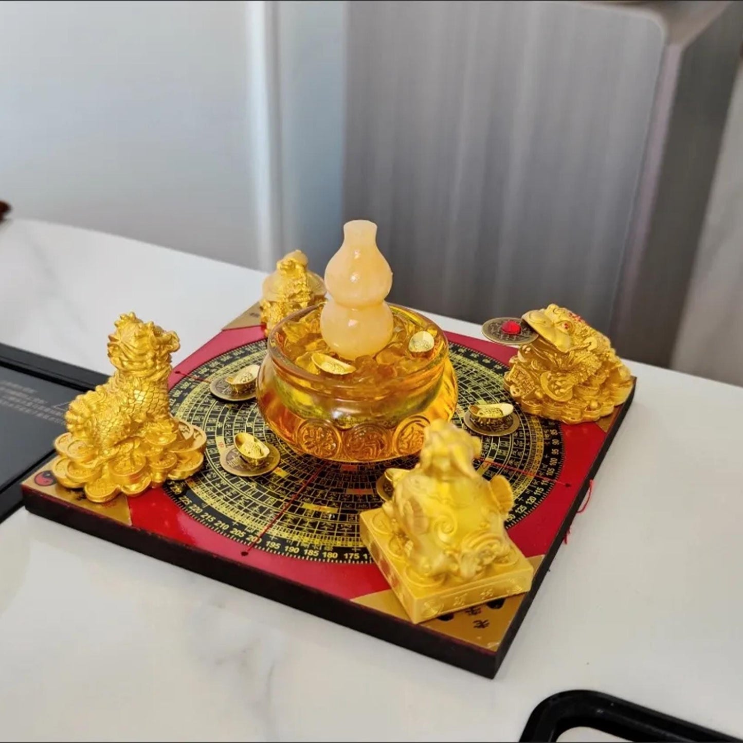 Traditional Chinese Feng Shui Wealth Luck Figurine Set  on Compass Base | Home Protection & Good Fortune Decor for Office/Living Room