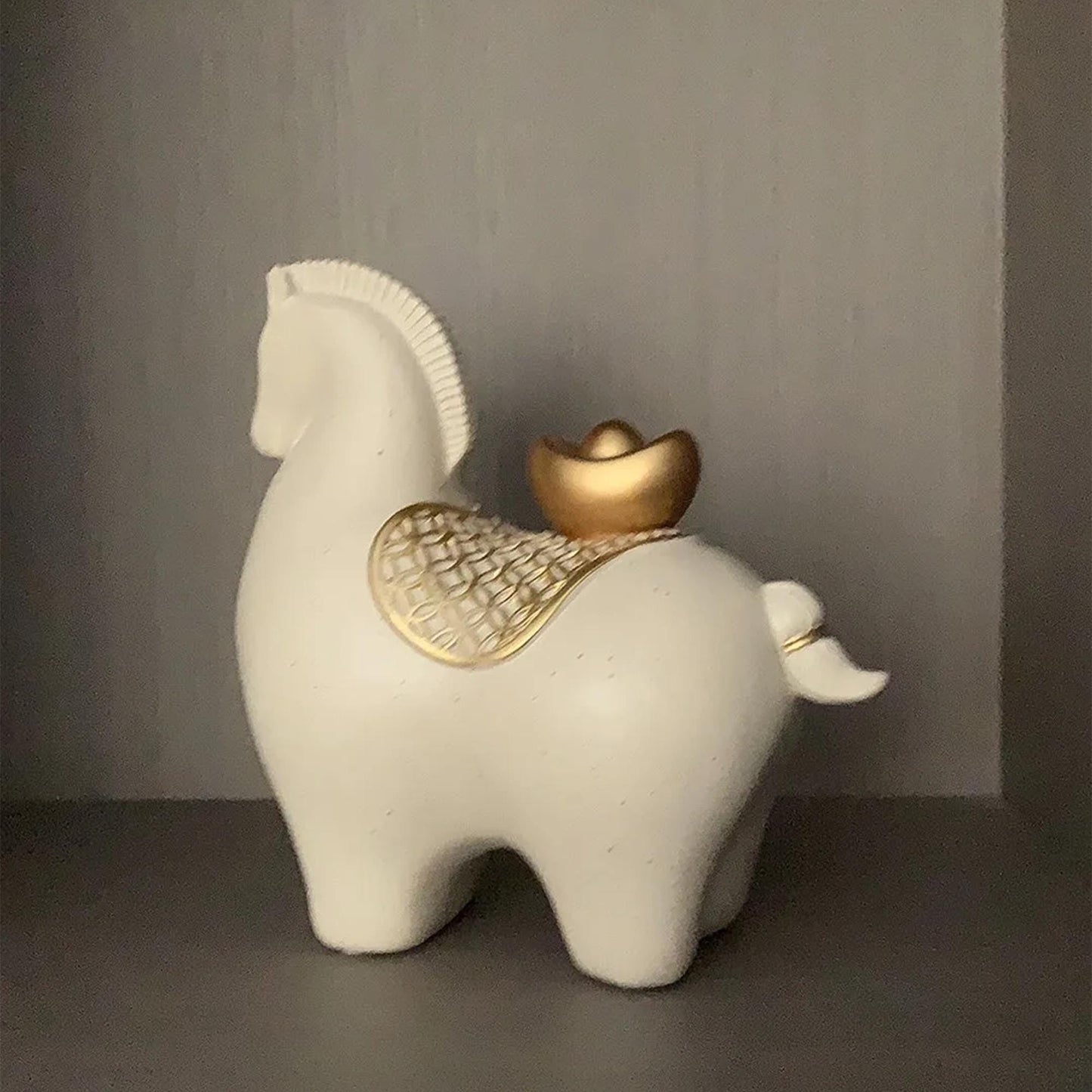 Unique Modern Horse Figurine with Gold Ingot Accent  Minimalist Home Decor Sculpture |Prosperity & Good Luck Decor