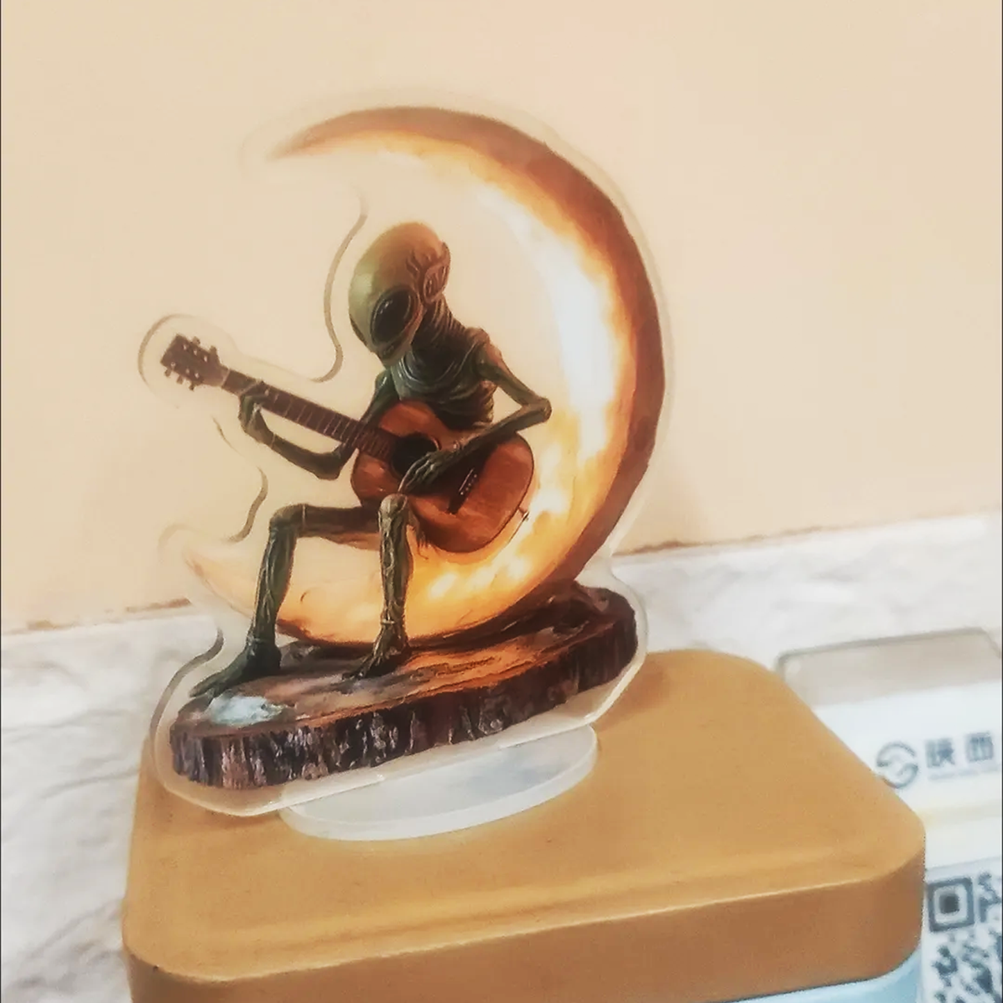 Whimsical Alien Playing Guitar on Crescent Moon Acrylic Standee