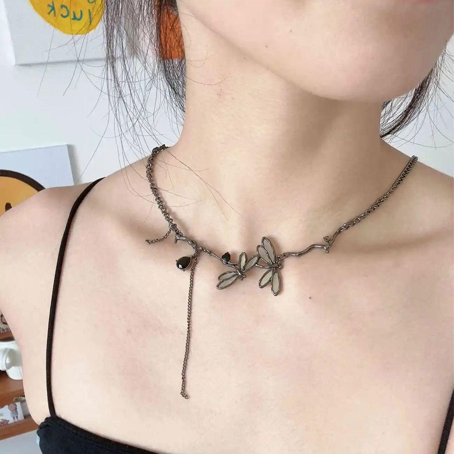 Vintage Dragonfly Choker Necklace – Enamel Wings, Twig Design & Black Gem Accent
