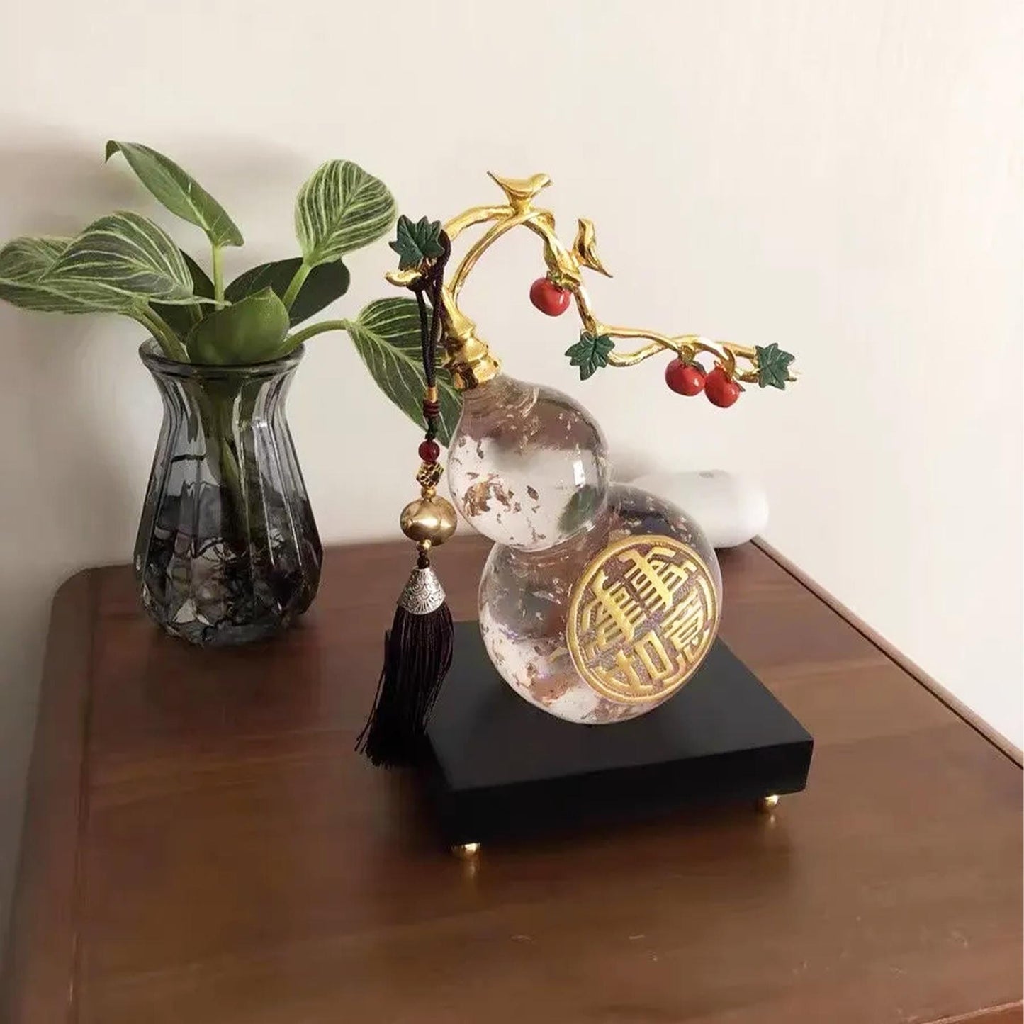 Chinese Crystal Gourd Ornament | Good Luck Home Decor, Lucky Fortune Statue o, Prosperity Gift for Living Room Decor