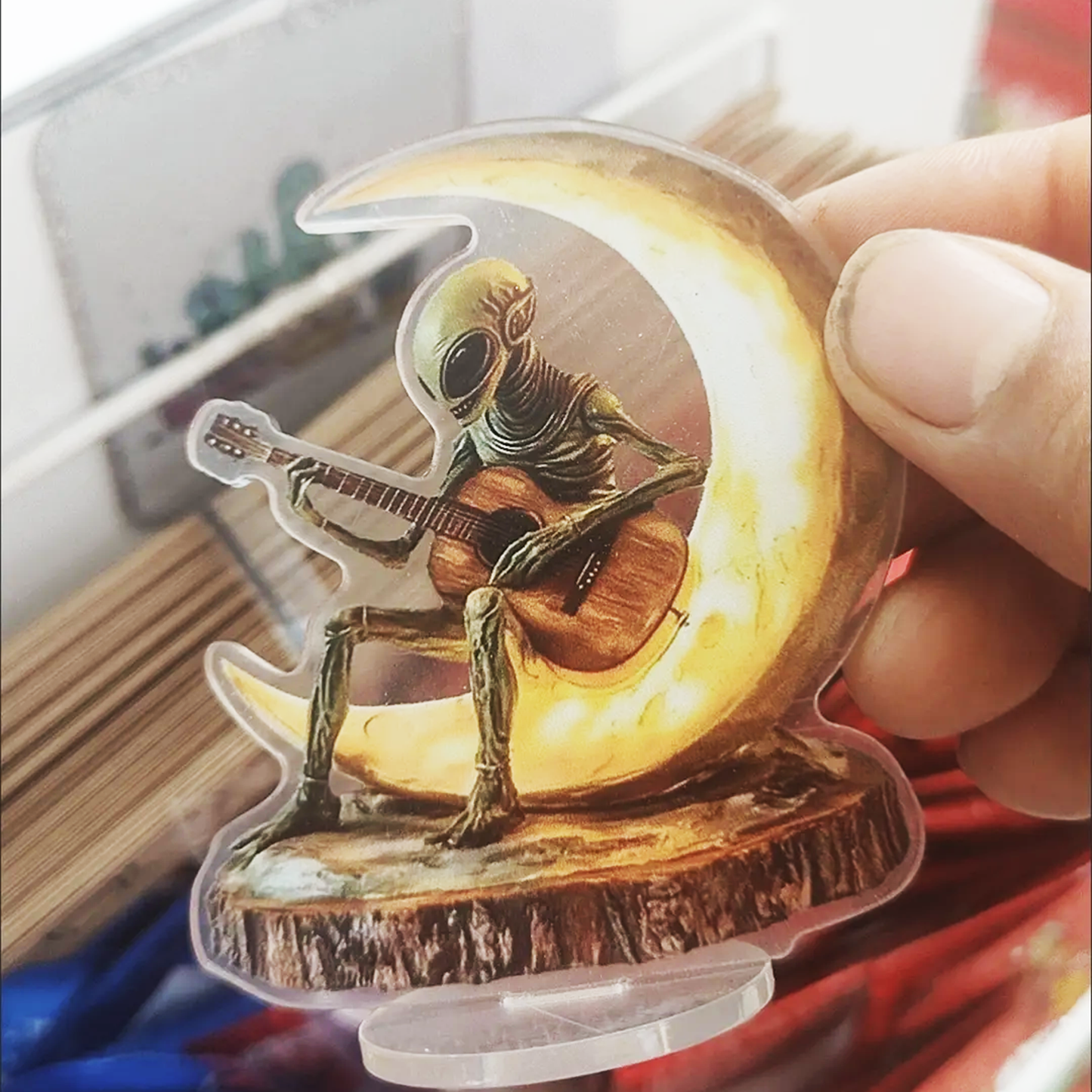 Whimsical Alien Playing Guitar on Crescent Moon Acrylic Standee