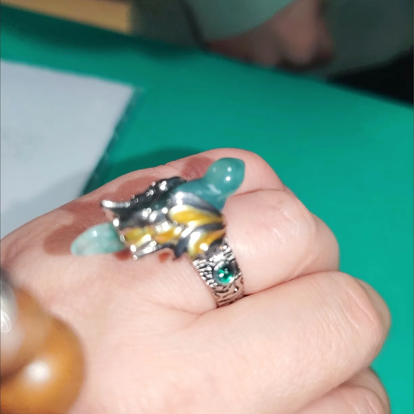 Artisan Vintage-Inspired Faux Jade Bird Bohemian Statement Ring