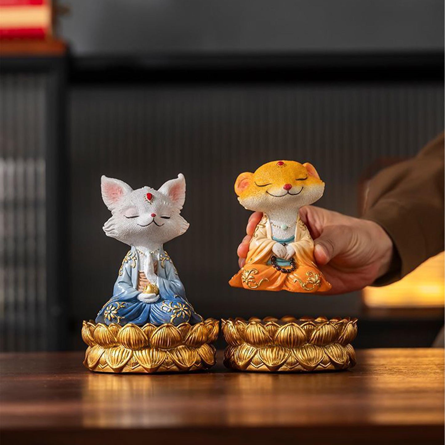 Zen Meditation Fox Statue on Golden Lotus Base, Chinese-Style Spiritual Decor, Resin Figurine for Mindfulness   Eastern Aesthetics Gift