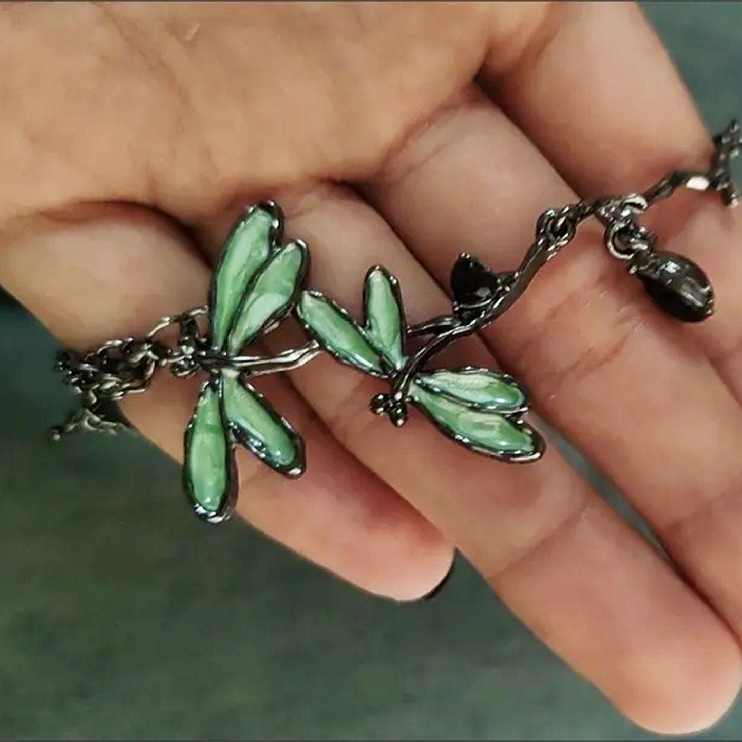 Vintage Dragonfly Choker Necklace – Enamel Wings, Twig Design & Black Gem Accent