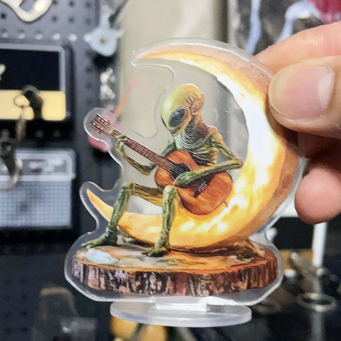 Whimsical Alien Playing Guitar on Crescent Moon Acrylic Standee