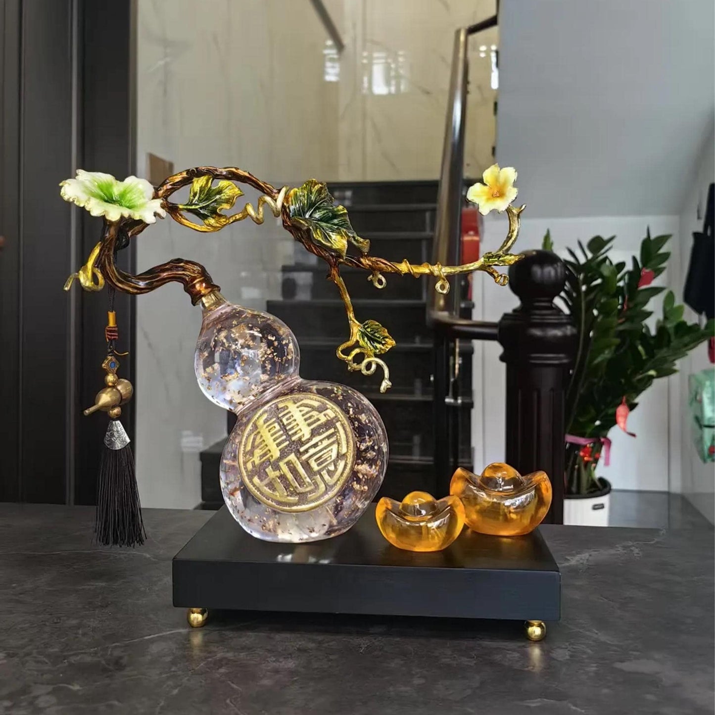 Chinese Crystal Gourd Ornament | Good Luck Home Decor, Lucky Fortune Statue o, Prosperity Gift for Living Room Decor