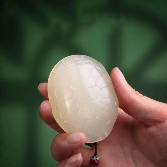 HandCarved Natural Jade Turtle Shell Handheld  Chinese Longevity & Good Luck Amulet, Healing Crystal Carving for Collection or Gift