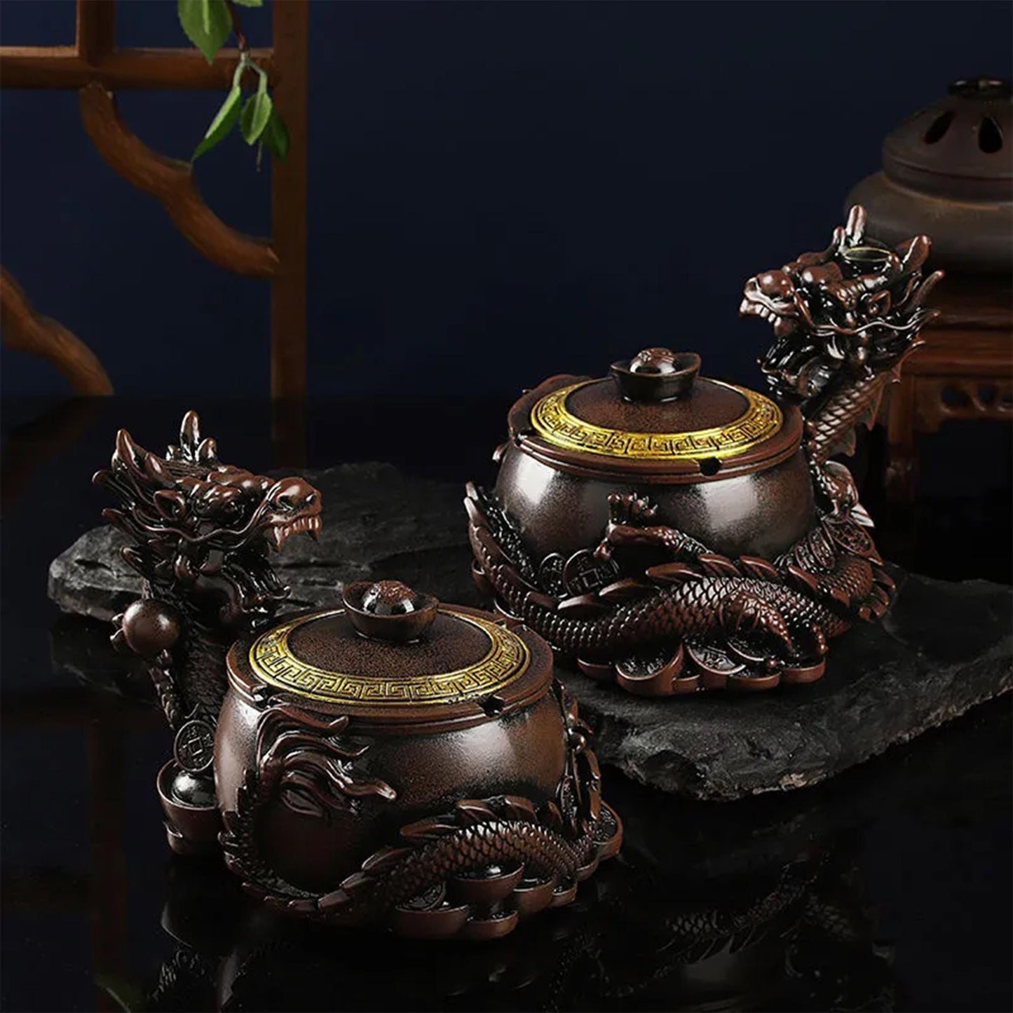 Chinese Dragon Ashtray & Incense Burner Decor Statue with Ingot Design  Artisan Home Office Decor Ornament for Good Fortune