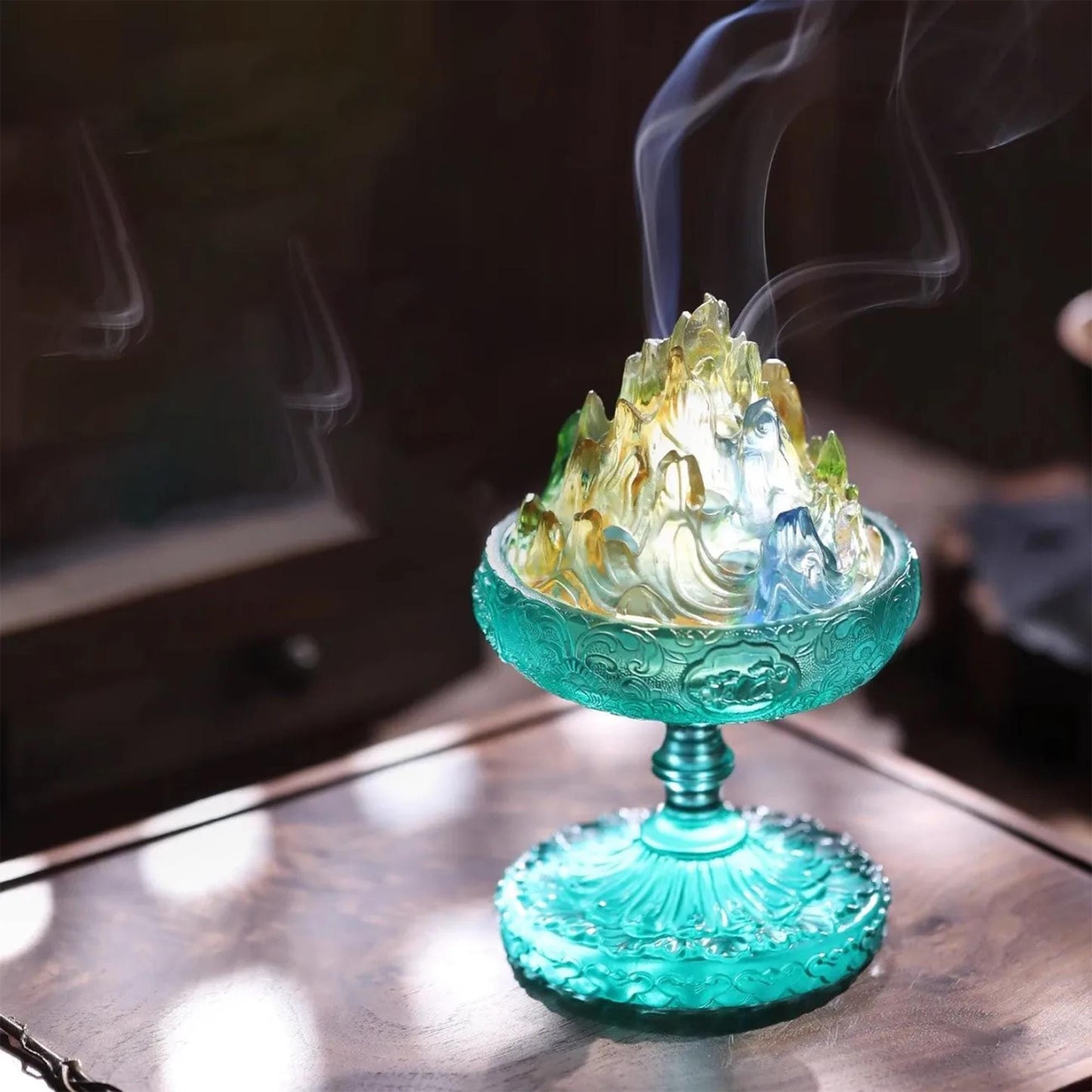 Chinese Colored Glaze Mountain Incense Burner with LED Light