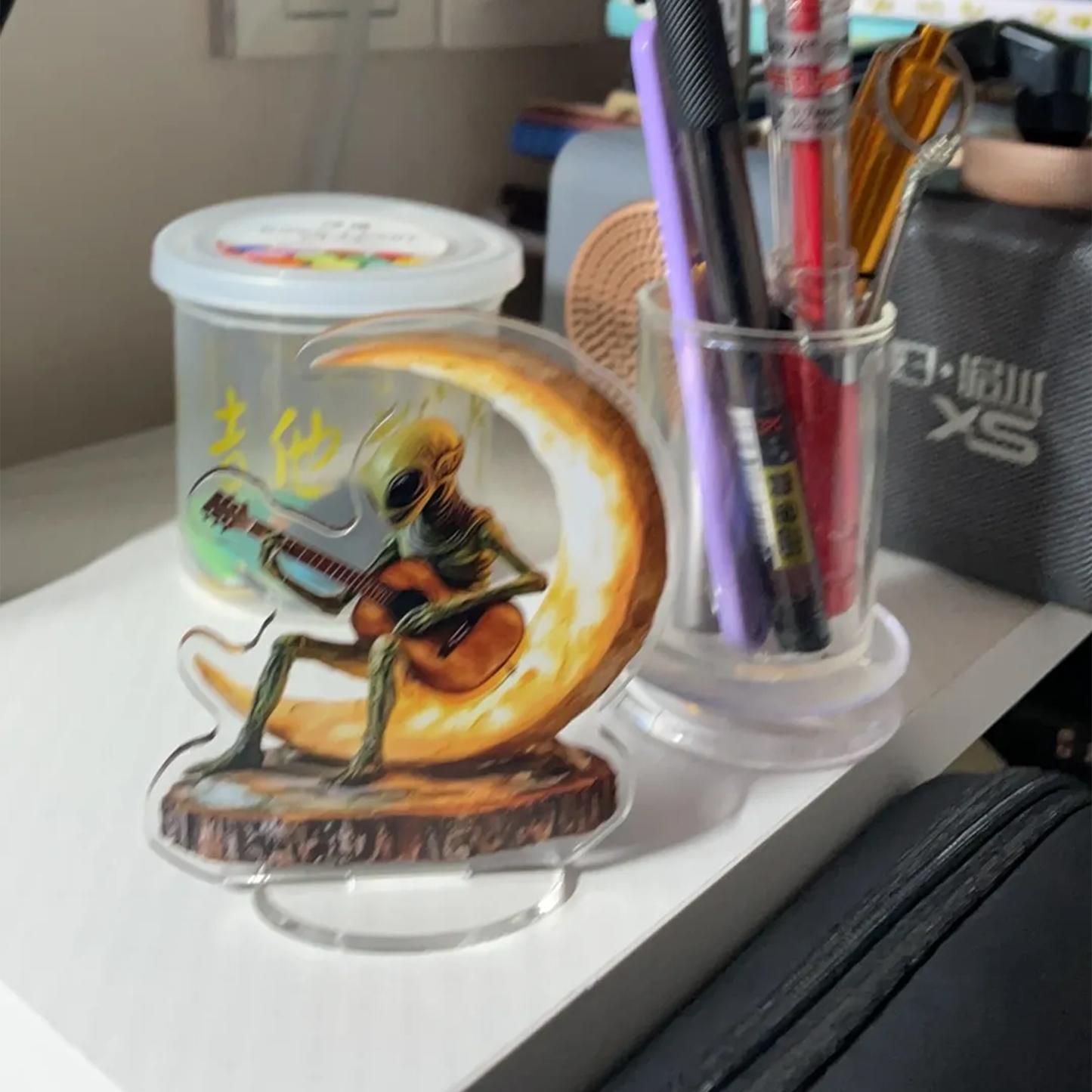 Whimsical Alien Playing Guitar on Crescent Moon Acrylic Standee