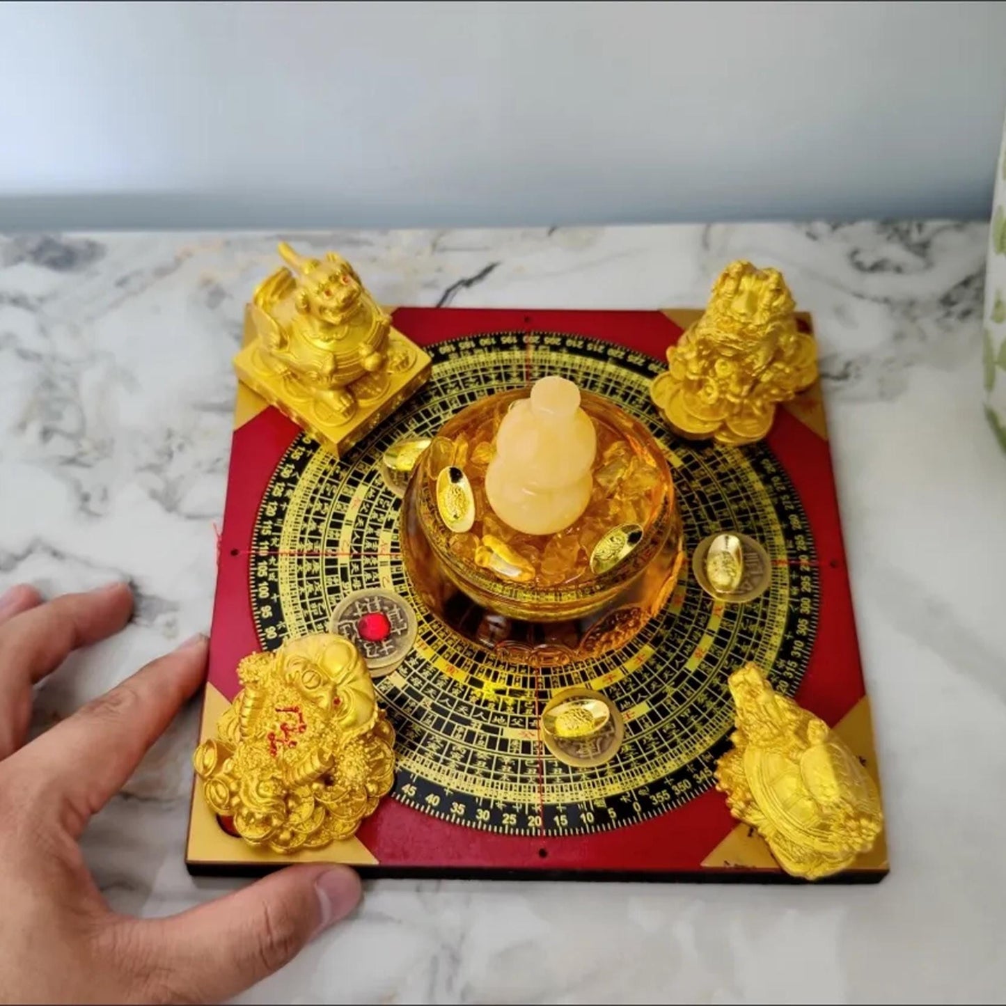Traditional Chinese Feng Shui Wealth Luck Figurine Set  on Compass Base | Home Protection & Good Fortune Decor for Office/Living Room