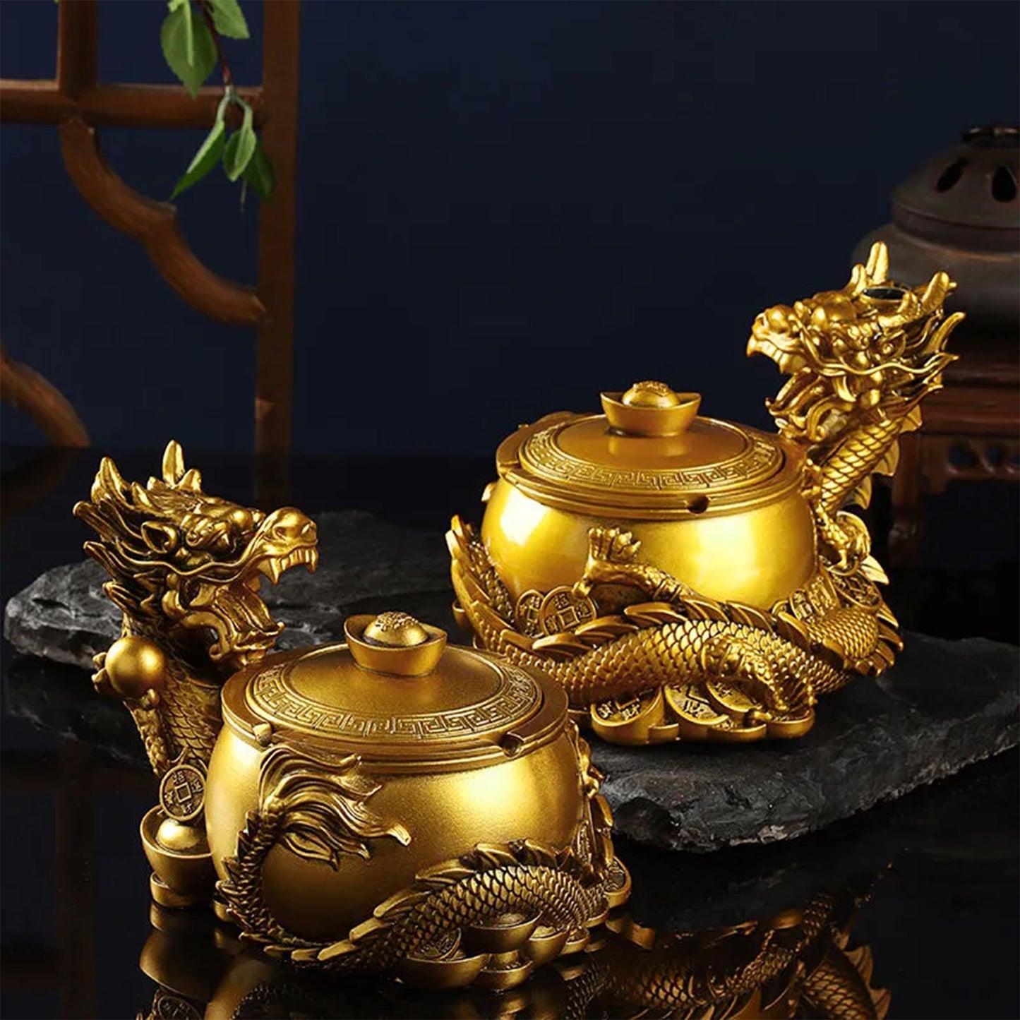 Chinese Dragon Ashtray & Incense Burner Decor Statue with Ingot Design  Artisan Home Office Decor Ornament for Good Fortune