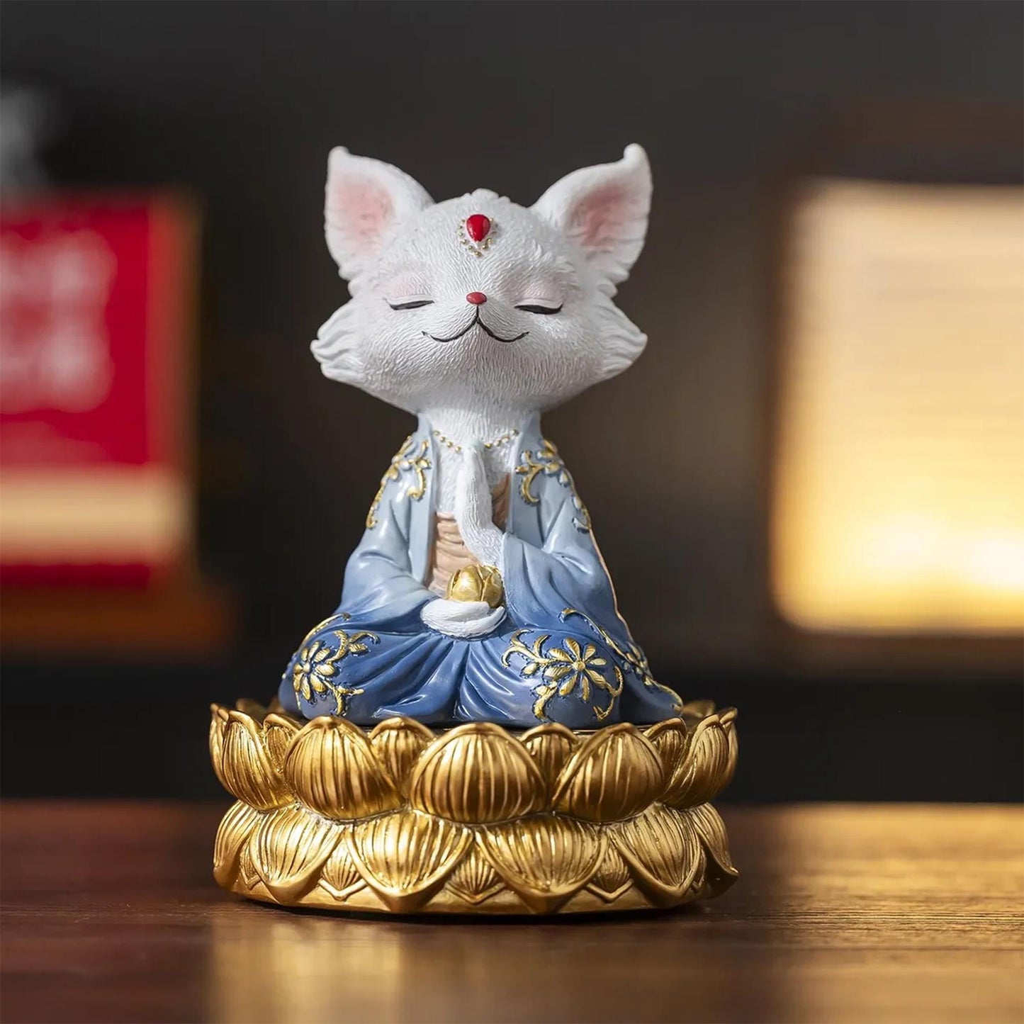 Zen Meditation Fox Statue on Golden Lotus Base, Chinese-Style Spiritual Decor, Resin Figurine for Mindfulness   Eastern Aesthetics Gift
