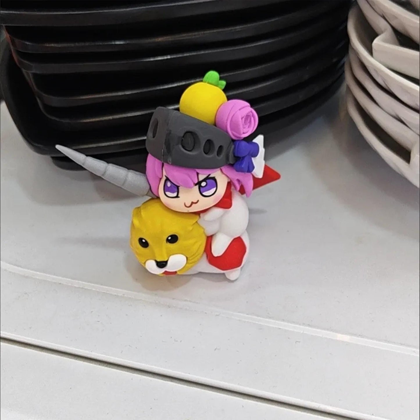 Unique Handmade Soft Clay Chibi Figurine - Cute Unicorn-Horned Character with Lion Pal & Fruit Accent | Mini Desk/Car Decorative Sculpture