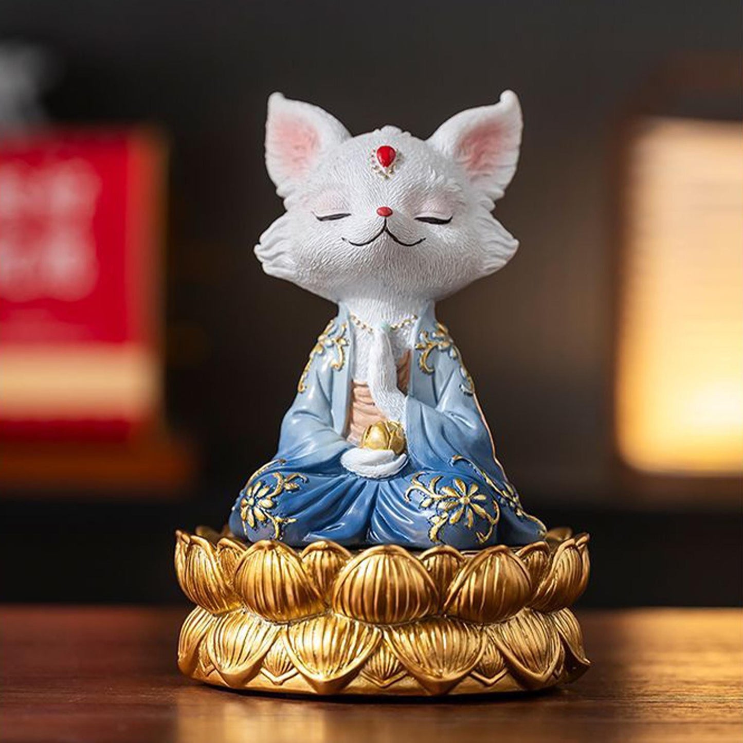 Zen Meditation Fox Statue on Golden Lotus Base, Chinese-Style Spiritual Decor, Resin Figurine for Mindfulness   Eastern Aesthetics Gift