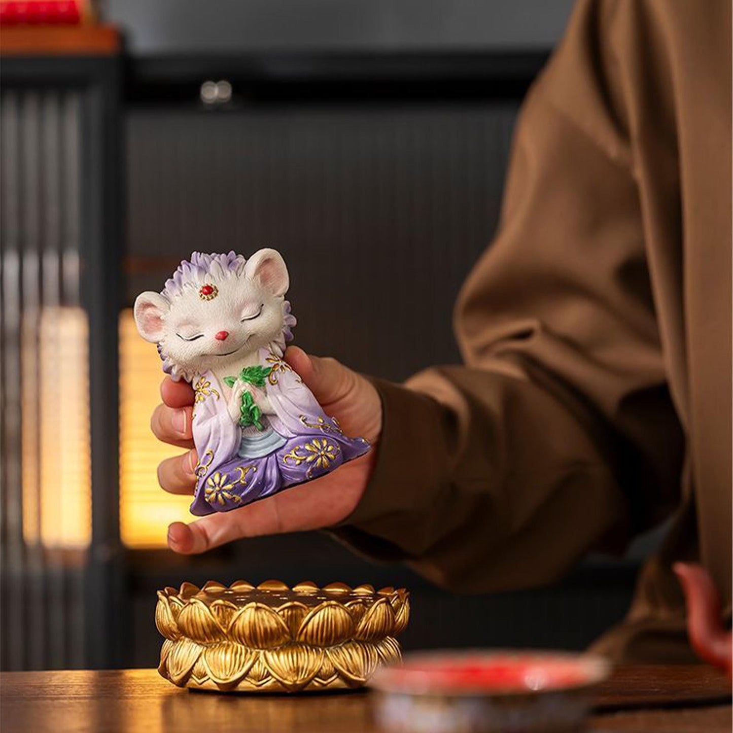 Whimsical Meditating Hedgehog Statue with Golden Lotus Base, Zen Spiritual Figurine, Purple Oriental Decor, Handcrafted  Art for Home