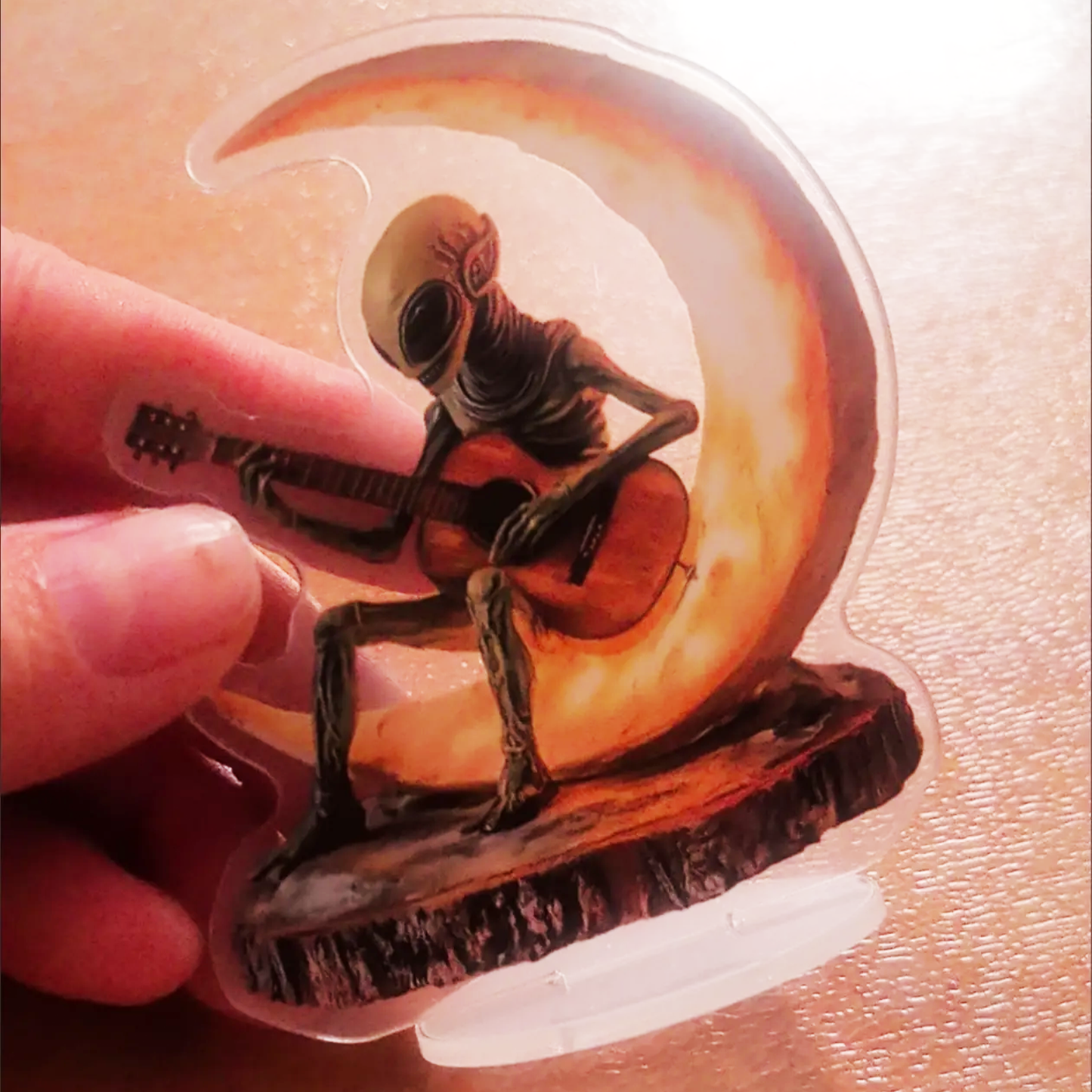 Whimsical Alien Playing Guitar on Crescent Moon Acrylic Standee