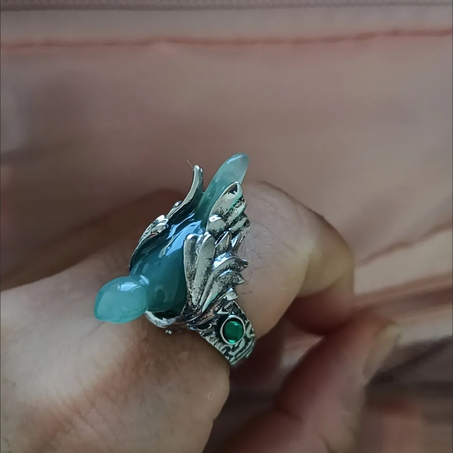 Artisan Vintage-Inspired Faux Jade Bird Bohemian Statement Ring
