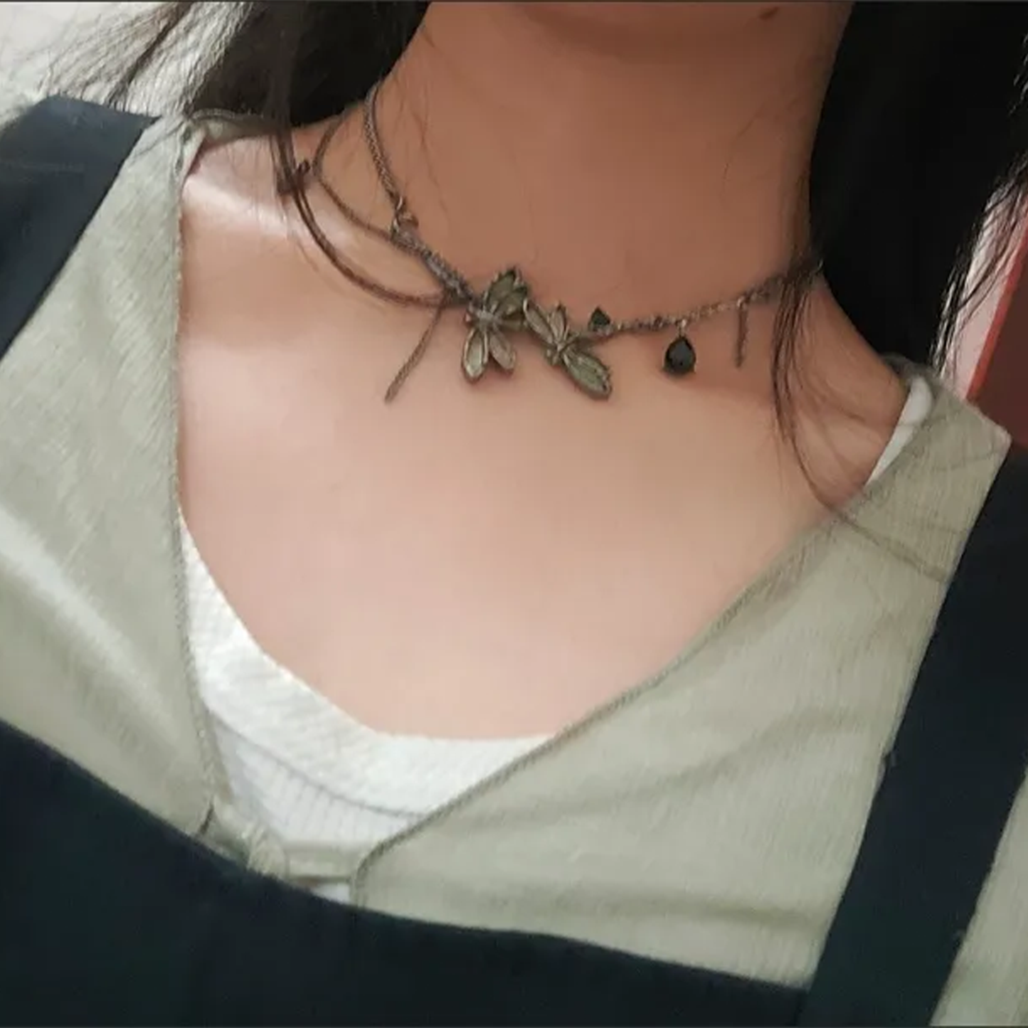 Vintage Dragonfly Choker Necklace – Enamel Wings, Twig Design & Black Gem Accent