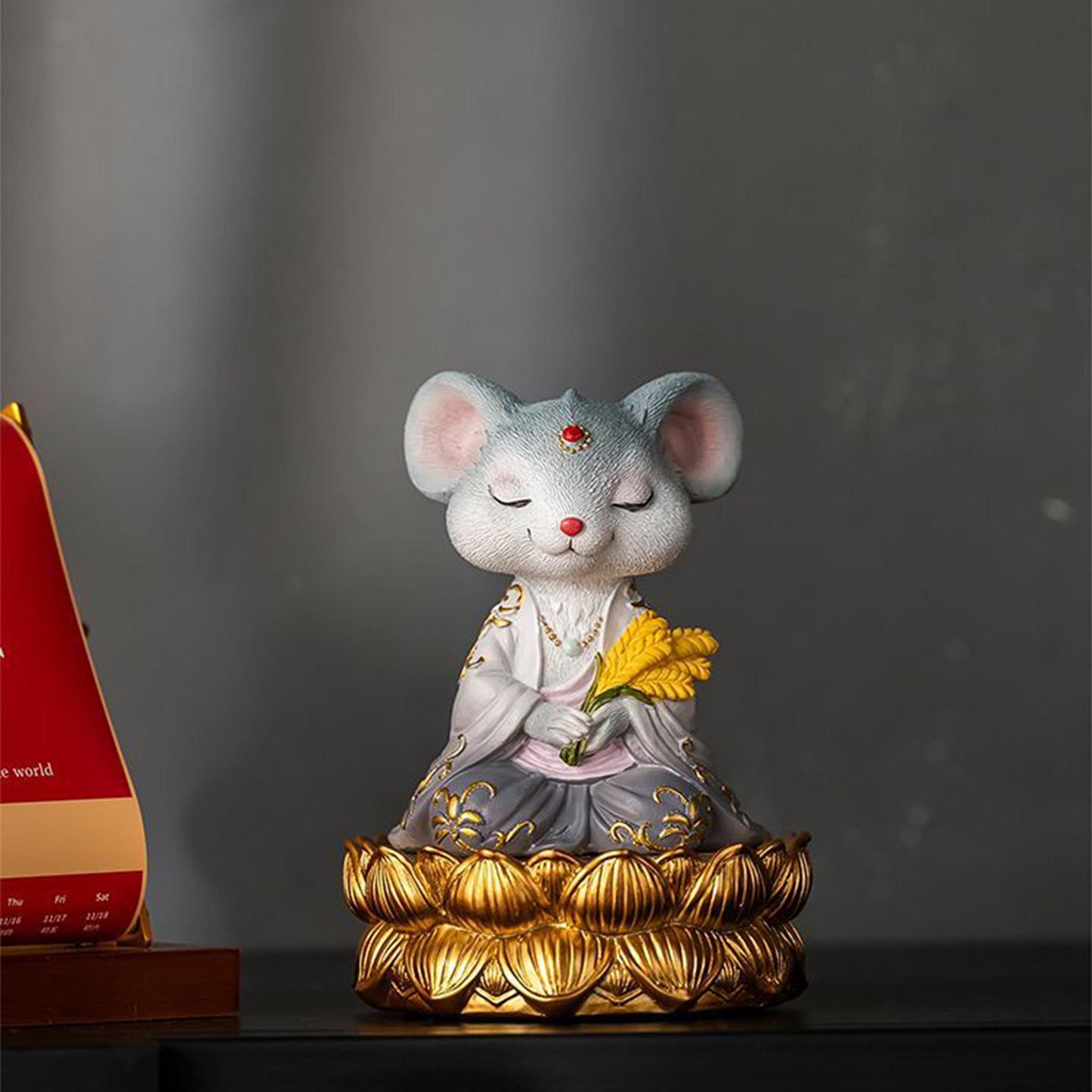 Zen Rat Statue on Golden Lotus | Spiritual Animal Figurine, Oriental Meditation Decor, Unique Year of the Rat Gift for Boho & Zen Lovers