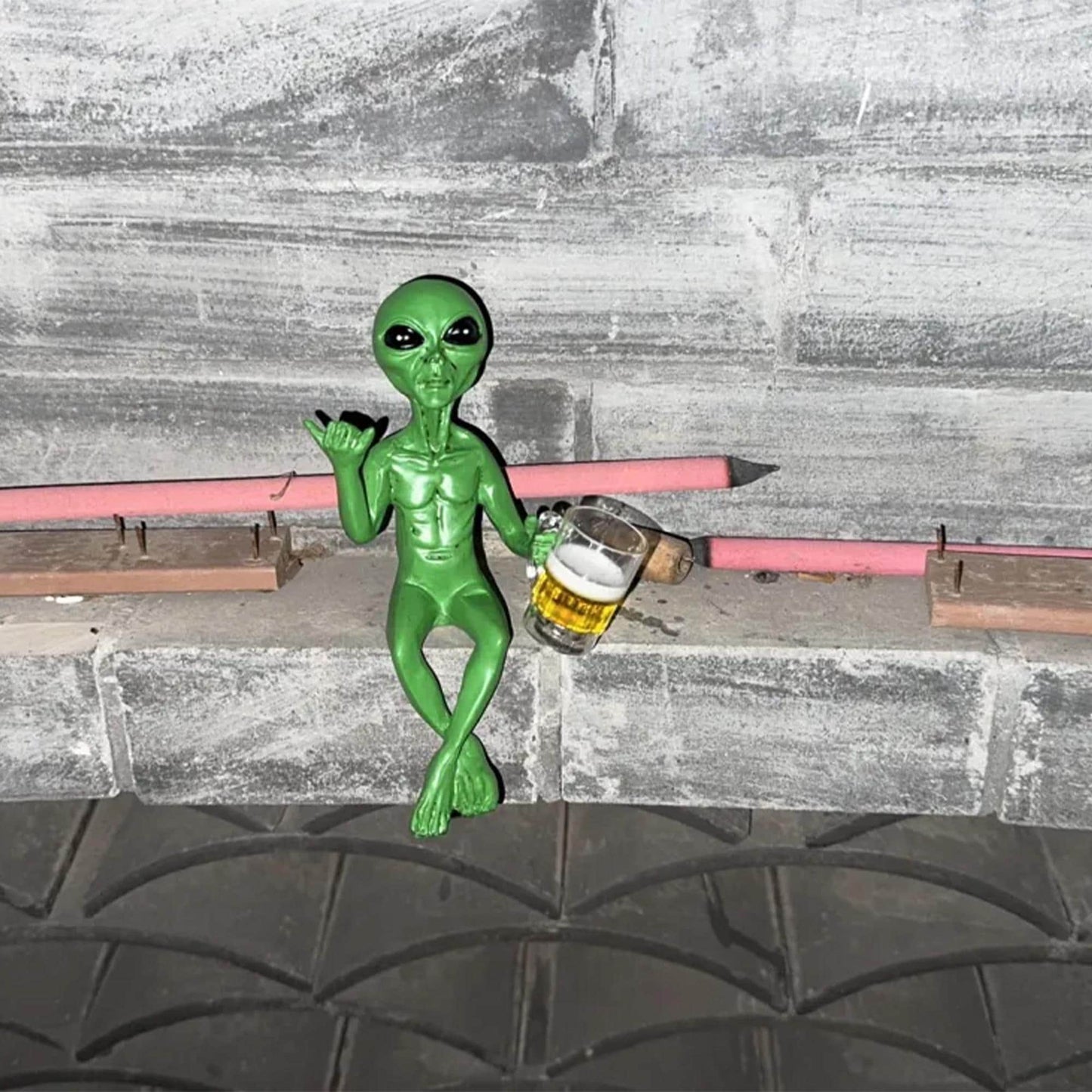Funny Green Alien Figurine Holding Beer Mug - Quirky Decor
