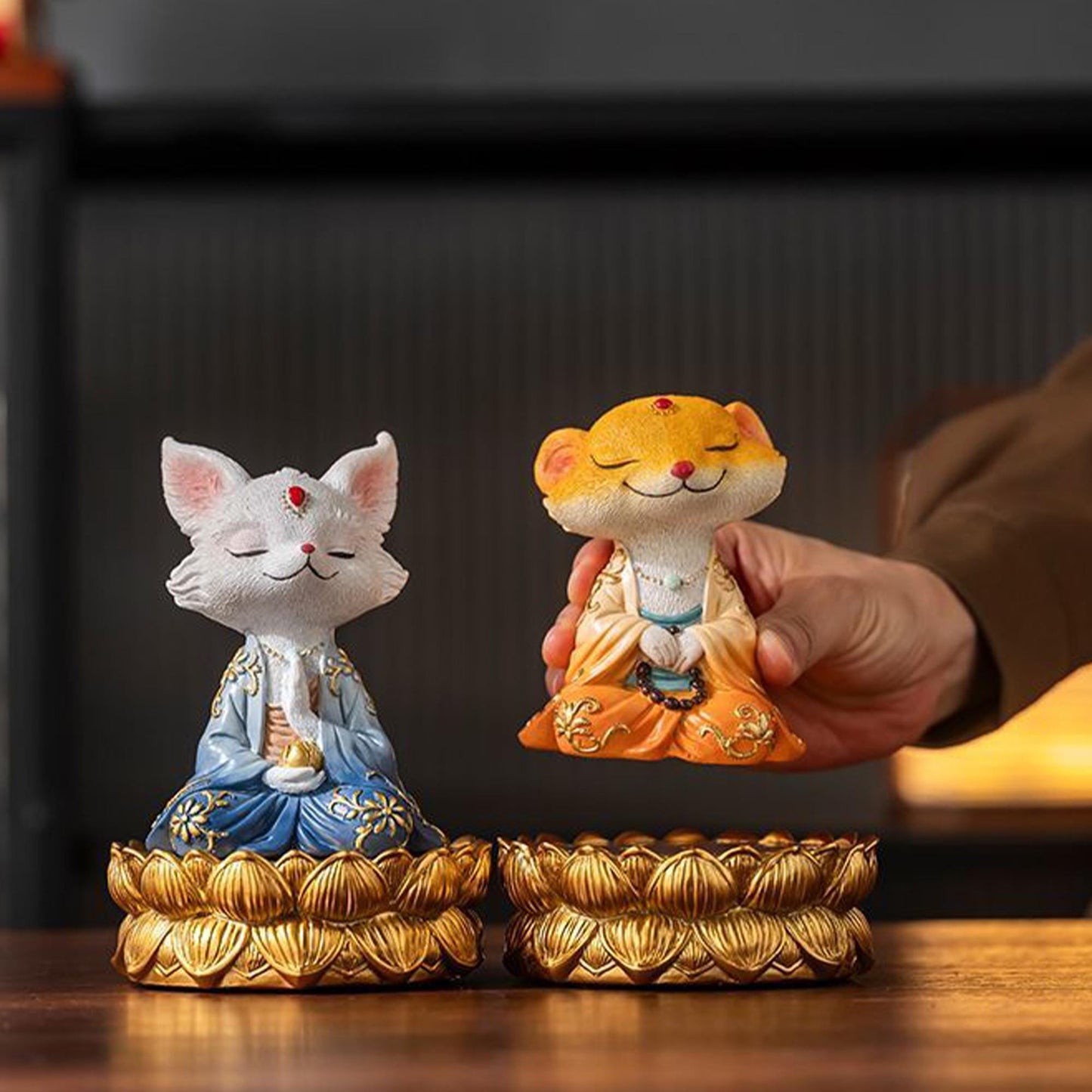 Zen Mouse Buddha Figurine on Golden Lotus  Spiritual Meditation Decor, China Style  Statue for Home & Altar, Unique Gift for Buddhist Lovers