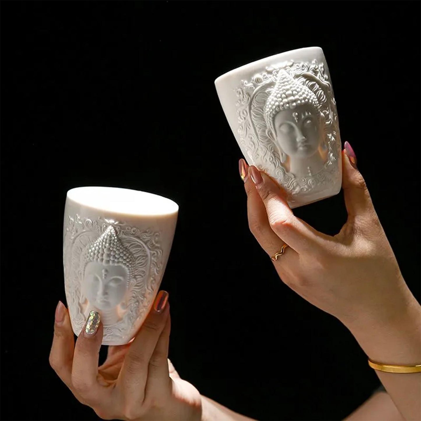 Elegant White Ceramic Buddha Relief Mug