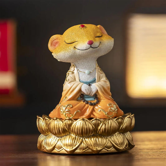 Zen Mouse Buddha Figurine on Golden Lotus  Spiritual Meditation Decor, China Style  Statue for Home & Altar, Unique Gift for Buddhist Lovers