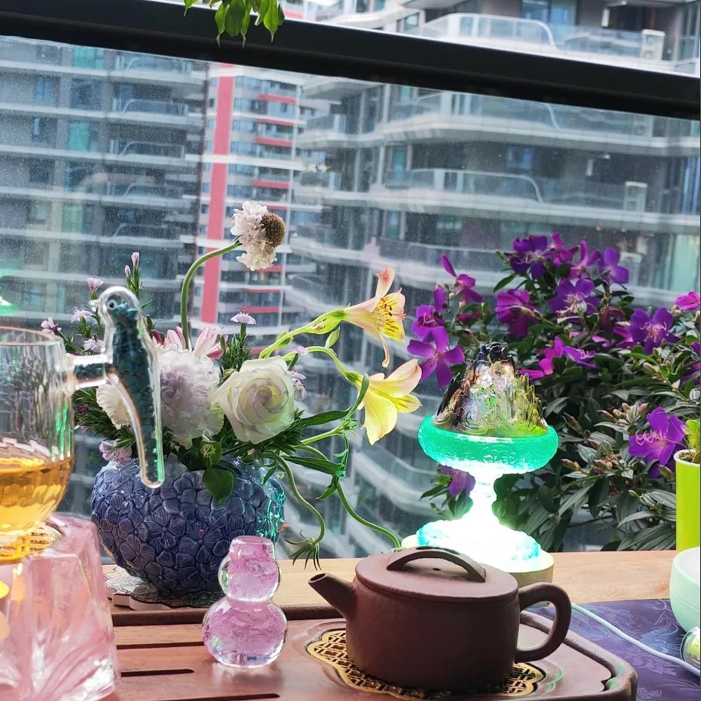 Chinese Colored Glaze Mountain Incense Burner with LED Light