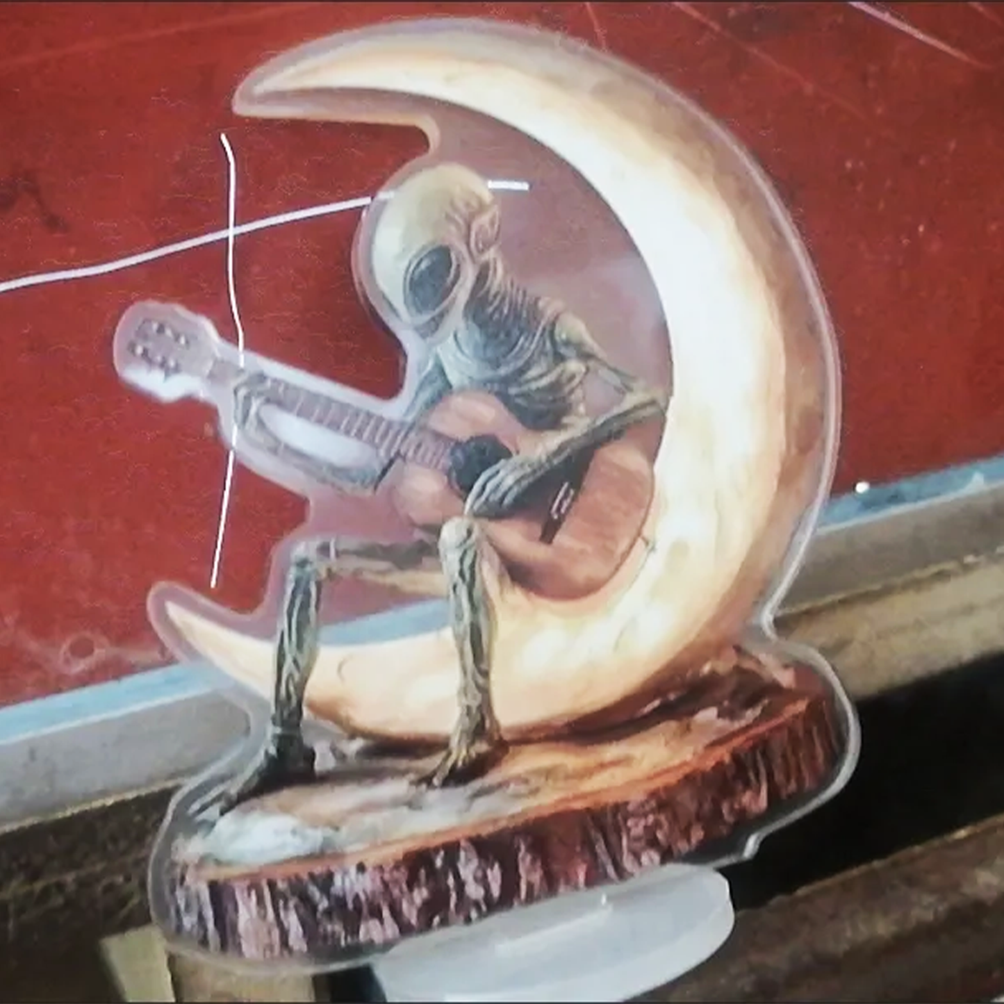 Whimsical Alien Playing Guitar on Crescent Moon Acrylic Standee