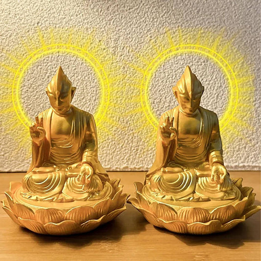 Gold Ultraman Buddha Statue  Creative Ultraman Figurine on Lotus Base, Unique Home & Office Decor, Funny Gift for Ultraman Fans