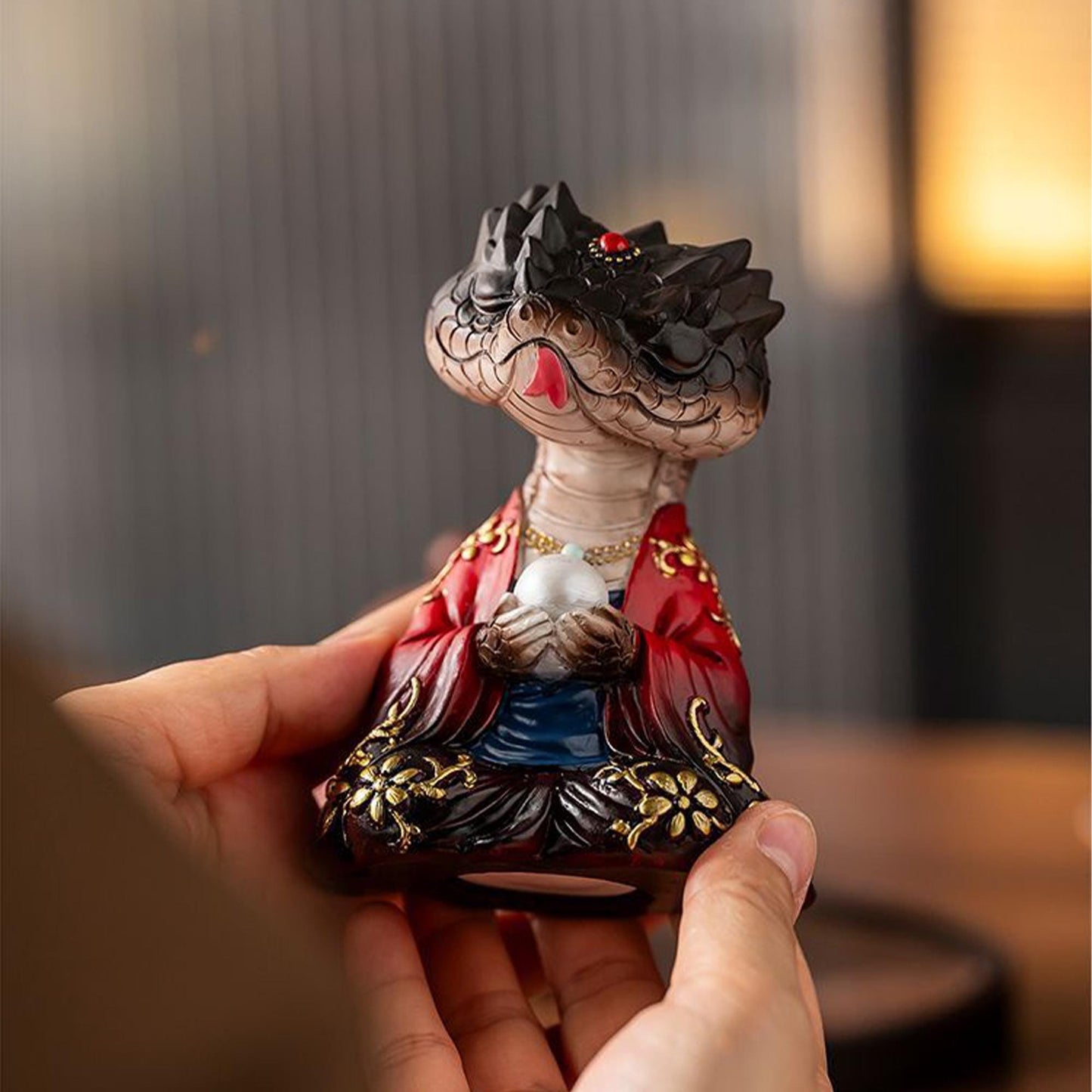 Eastern Mythology Willow Fairy Python Statue - Handmade Snake Deity  Ornament with Zen Lotus Base, Unique Folk Art Figurine