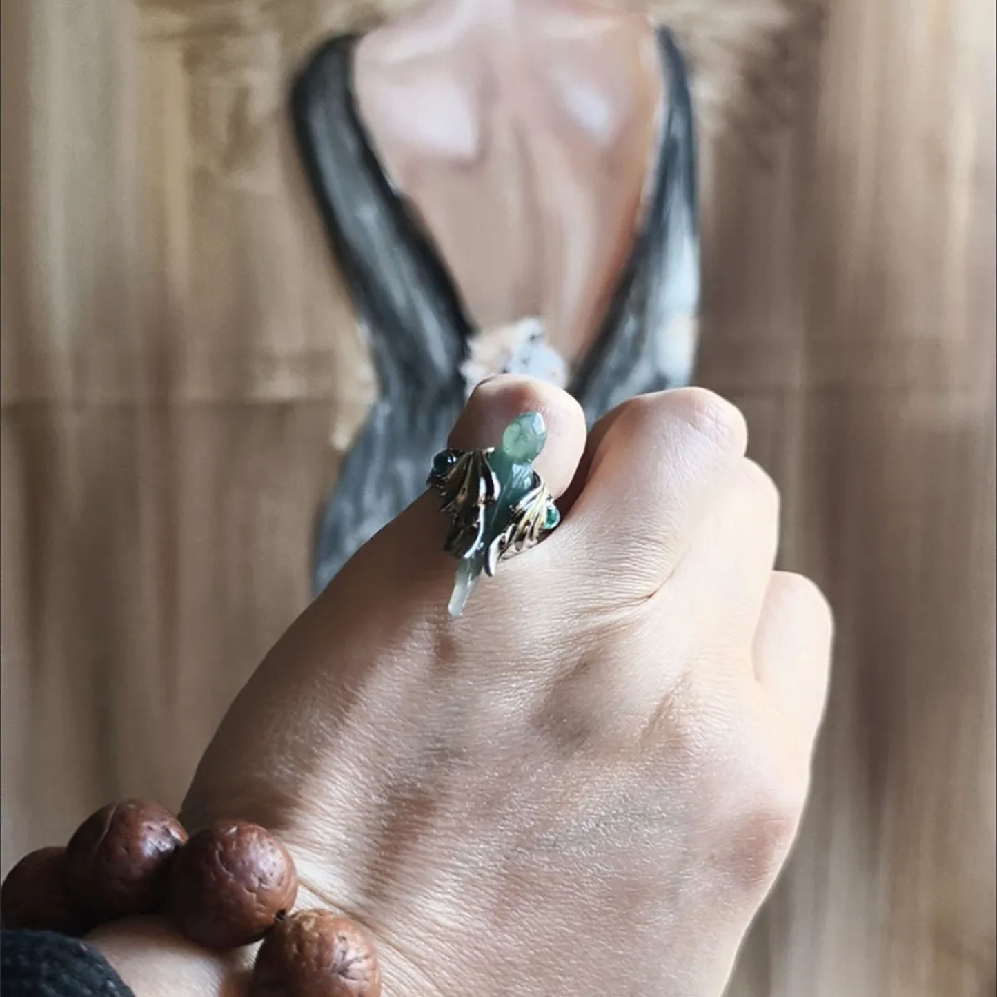 Artisan Vintage-Inspired Faux Jade Bird Bohemian Statement Ring