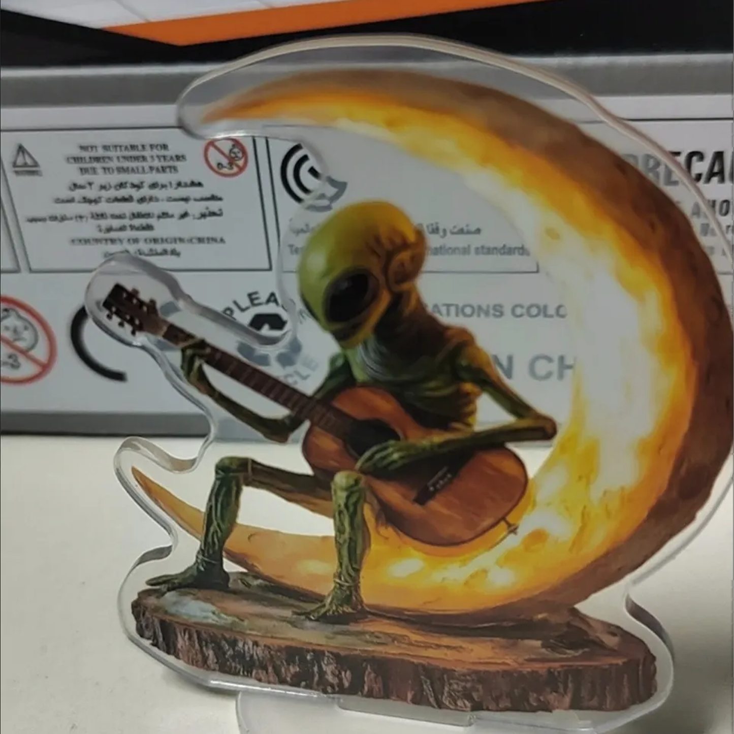 Whimsical Alien Playing Guitar on Crescent Moon Acrylic Standee