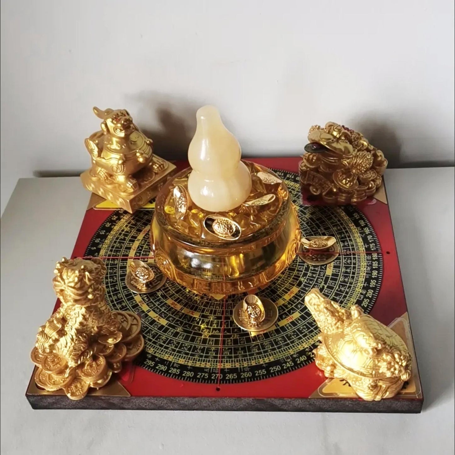Traditional Chinese Feng Shui Wealth Luck Figurine Set  on Compass Base | Home Protection & Good Fortune Decor for Office/Living Room
