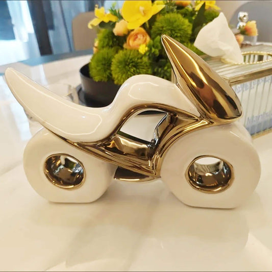 Ceramic Motorcycle Sculpture, Modern Home Decor Accent, Artistic Ornament for Shelf & Tabletop