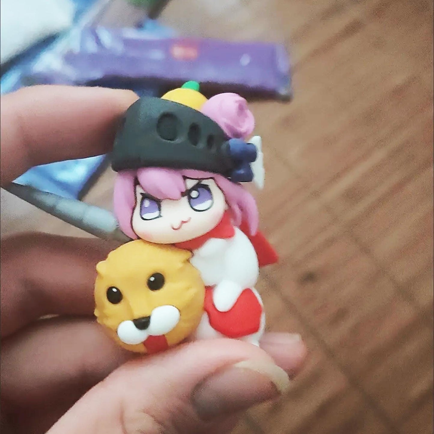 Unique Handmade Soft Clay Chibi Figurine - Cute Unicorn-Horned Character with Lion Pal & Fruit Accent | Mini Desk/Car Decorative Sculpture