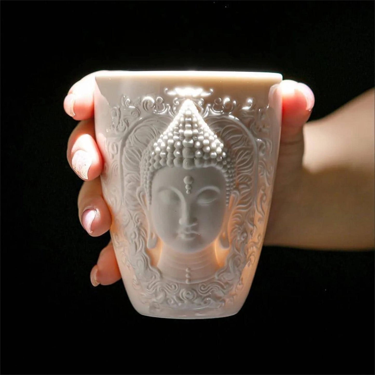 Elegant White Ceramic Buddha Relief Mug