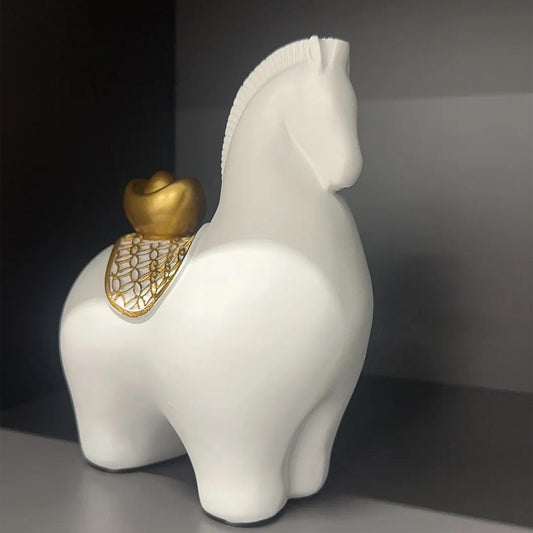Unique Modern Horse Figurine with Gold Ingot Accent  Minimalist Home Decor Sculpture |Prosperity & Good Luck Decor