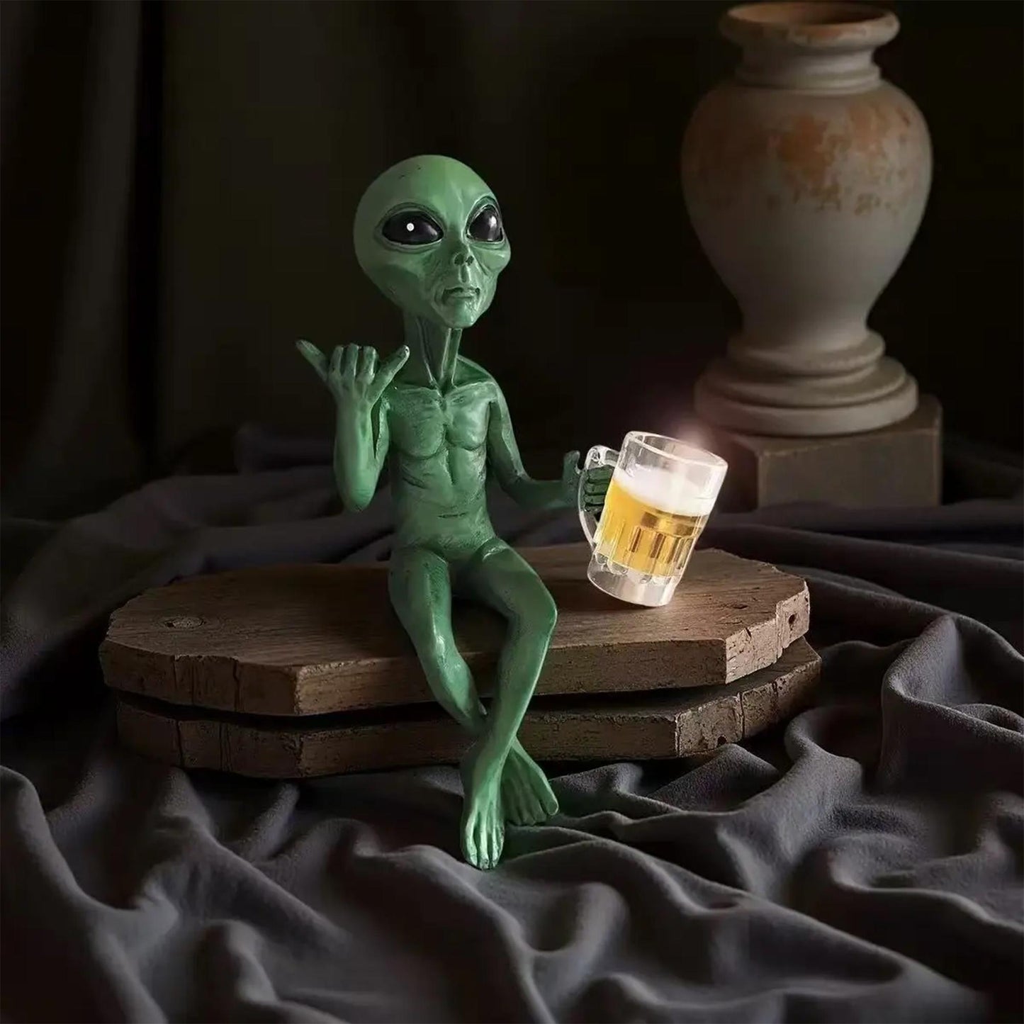 Funny Green Alien Figurine Holding Beer Mug - Quirky Decor