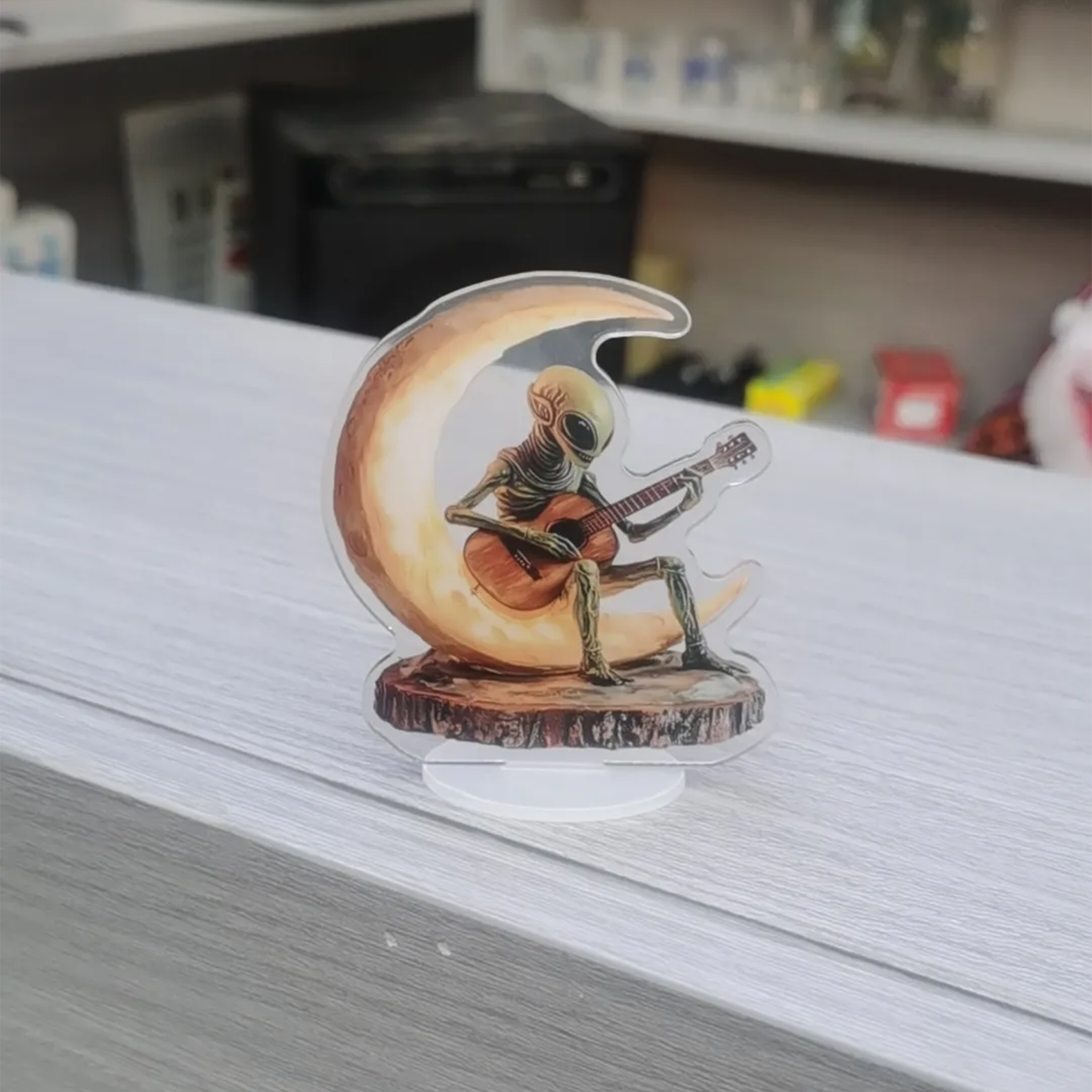 Whimsical Alien Playing Guitar on Crescent Moon Acrylic Standee