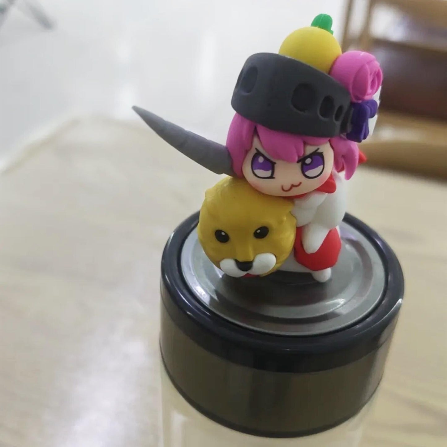 Unique Handmade Soft Clay Chibi Figurine - Cute Unicorn-Horned Character with Lion Pal & Fruit Accent | Mini Desk/Car Decorative Sculpture